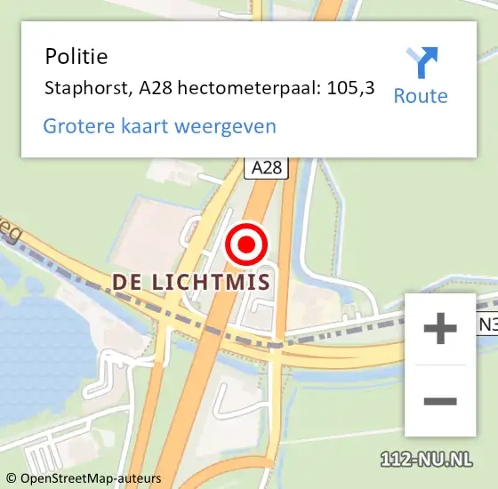 Locatie op kaart van de 112 melding: Politie Staphorst, A28 hectometerpaal: 105,3 op 18 september 2023 11:24