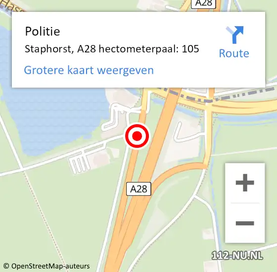 Locatie op kaart van de 112 melding: Politie Staphorst, A28 hectometerpaal: 105 op 18 september 2023 11:25