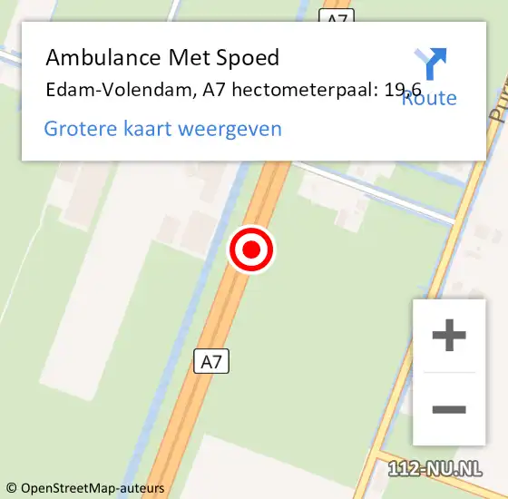 Locatie op kaart van de 112 melding: Ambulance Met Spoed Naar Edam-Volendam, A7 hectometerpaal: 19,6 op 18 september 2023 11:29