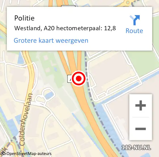 Locatie op kaart van de 112 melding: Politie Westland, A20 hectometerpaal: 12,8 op 18 september 2023 12:53