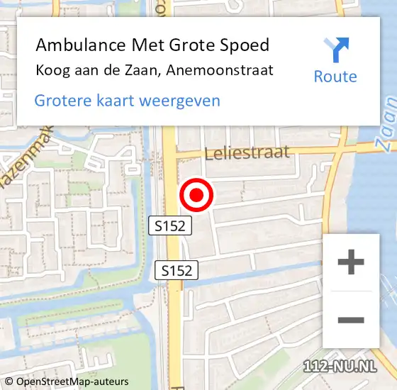 Locatie op kaart van de 112 melding: Ambulance Met Grote Spoed Naar Koog aan de Zaan, Anemoonstraat op 18 september 2023 13:56