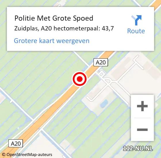 Locatie op kaart van de 112 melding: Politie Met Grote Spoed Naar Zuidplas, A20 hectometerpaal: 43,7 op 18 september 2023 14:42