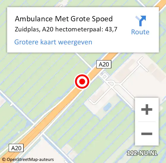 Locatie op kaart van de 112 melding: Ambulance Met Grote Spoed Naar Zuidplas, A20 hectometerpaal: 43,7 op 18 september 2023 14:43