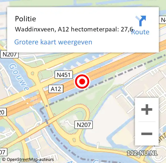 Locatie op kaart van de 112 melding: Politie Waddinxveen, A12 hectometerpaal: 27,6 op 18 september 2023 16:59