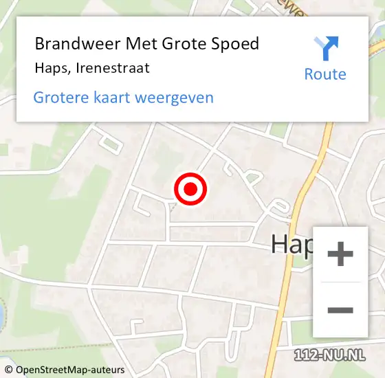 Locatie op kaart van de 112 melding: Brandweer Met Grote Spoed Naar Haps, Irenestraat op 18 september 2023 18:18