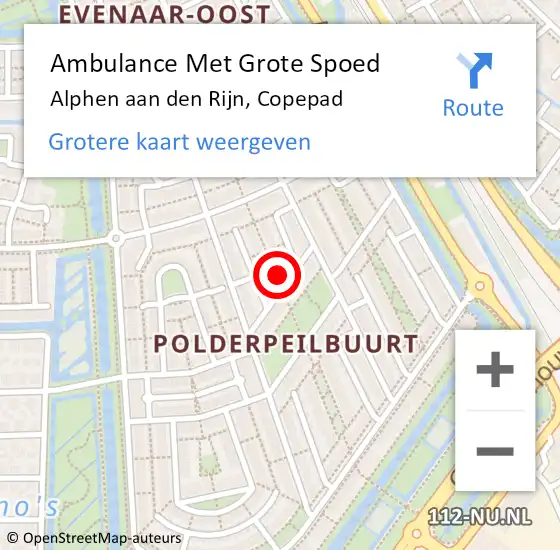 Locatie op kaart van de 112 melding: Ambulance Met Grote Spoed Naar Alphen aan den Rijn, Copepad op 18 september 2023 18:22