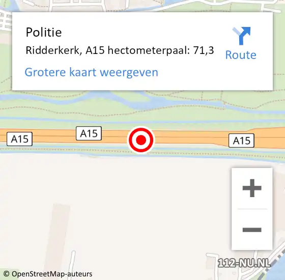 Locatie op kaart van de 112 melding: Politie Ridderkerk, A15 hectometerpaal: 71,3 op 18 september 2023 19:00