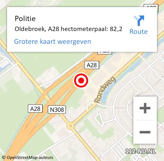 Locatie op kaart van de 112 melding: Politie Oldebroek, A28 hectometerpaal: 82,2 op 18 september 2023 21:17
