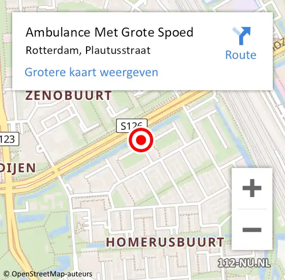 Locatie op kaart van de 112 melding: Ambulance Met Grote Spoed Naar Rotterdam, Plautusstraat op 18 september 2023 21:28