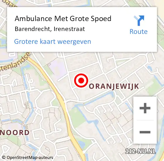 Locatie op kaart van de 112 melding: Ambulance Met Grote Spoed Naar Barendrecht, Irenestraat op 19 september 2023 00:15