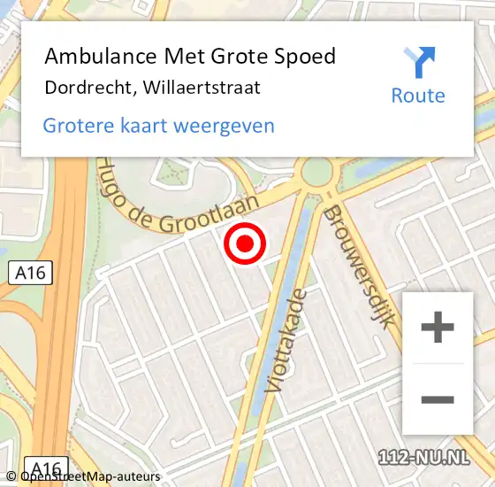Locatie op kaart van de 112 melding: Ambulance Met Grote Spoed Naar Dordrecht, Willaertstraat op 19 september 2023 03:02