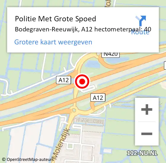 Locatie op kaart van de 112 melding: Politie Met Grote Spoed Naar Bodegraven-Reeuwijk, A12 hectometerpaal: 40 op 19 september 2023 03:02