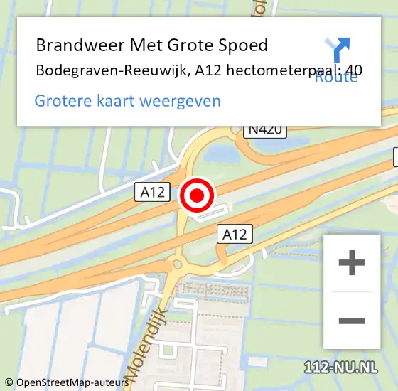 Locatie op kaart van de 112 melding: Brandweer Met Grote Spoed Naar Bodegraven-Reeuwijk, A12 hectometerpaal: 40 op 19 september 2023 03:04