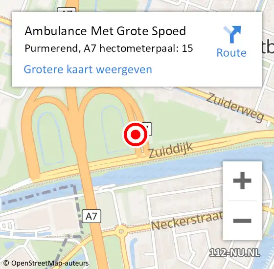 Locatie op kaart van de 112 melding: Ambulance Met Grote Spoed Naar Purmerend, A7 hectometerpaal: 15 op 19 september 2023 07:25