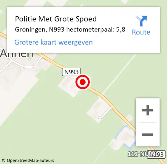 Locatie op kaart van de 112 melding: Politie Met Grote Spoed Naar Groningen, N993 hectometerpaal: 5,8 op 19 september 2023 07:51