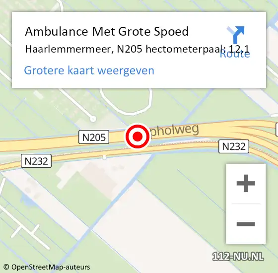 Locatie op kaart van de 112 melding: Ambulance Met Grote Spoed Naar Haarlemmermeer, N205 hectometerpaal: 12,1 op 19 september 2023 07:59
