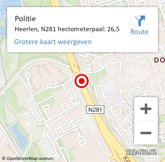 Locatie op kaart van de 112 melding: Politie Heerlen, N281 hectometerpaal: 26,5 op 19 september 2023 08:06