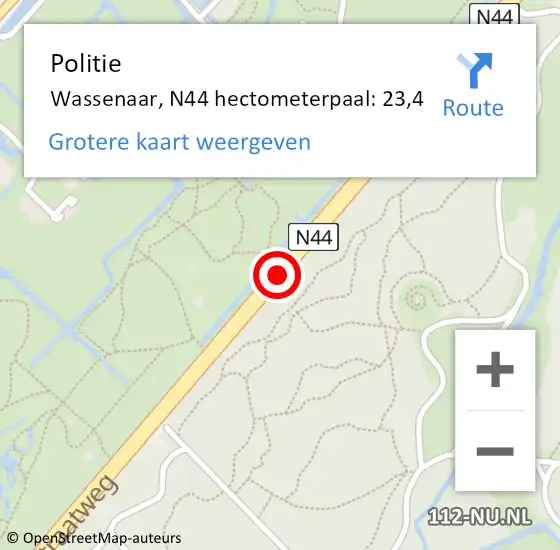 Locatie op kaart van de 112 melding: Politie Wassenaar, N44 hectometerpaal: 23,4 op 19 september 2023 10:07