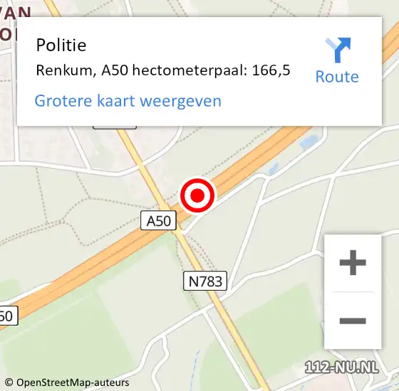 Locatie op kaart van de 112 melding: Politie Renkum, A50 hectometerpaal: 166,5 op 19 september 2023 12:26