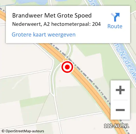 Locatie op kaart van de 112 melding: Brandweer Met Grote Spoed Naar Nederweert, A2 hectometerpaal: 204 op 19 september 2023 13:04