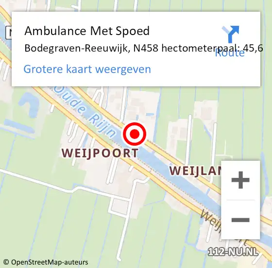 Locatie op kaart van de 112 melding: Ambulance Met Spoed Naar Bodegraven-Reeuwijk, N458 hectometerpaal: 45,6 op 19 september 2023 14:14