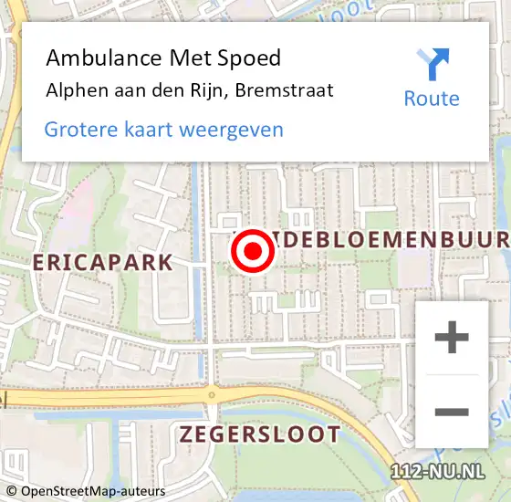 Locatie op kaart van de 112 melding: Ambulance Met Spoed Naar Alphen aan den Rijn, Bremstraat op 19 september 2023 14:33