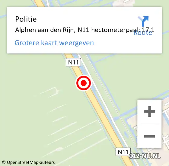 Locatie op kaart van de 112 melding: Politie Alphen aan den Rijn, N11 hectometerpaal: 17,1 op 19 september 2023 15:02