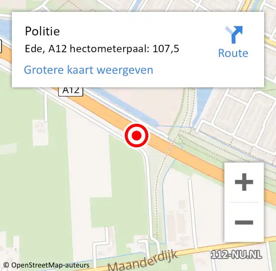 Locatie op kaart van de 112 melding: Politie Ede, A12 hectometerpaal: 107,5 op 19 september 2023 15:08