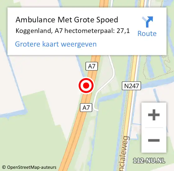 Locatie op kaart van de 112 melding: Ambulance Met Grote Spoed Naar Koggenland, A7 hectometerpaal: 27,1 op 19 september 2023 17:04