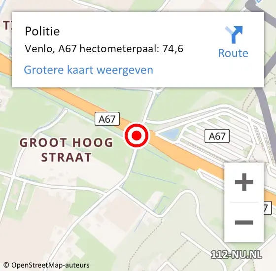 Locatie op kaart van de 112 melding: Politie Venlo, A67 hectometerpaal: 74,6 op 19 september 2023 17:42