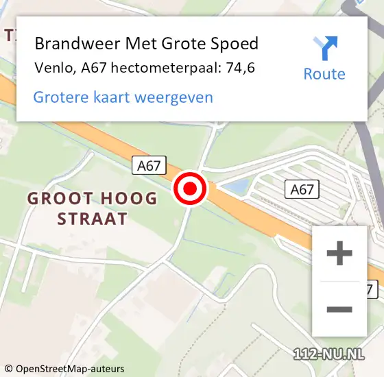 Locatie op kaart van de 112 melding: Brandweer Met Grote Spoed Naar Venlo, A67 hectometerpaal: 74,6 op 19 september 2023 17:42