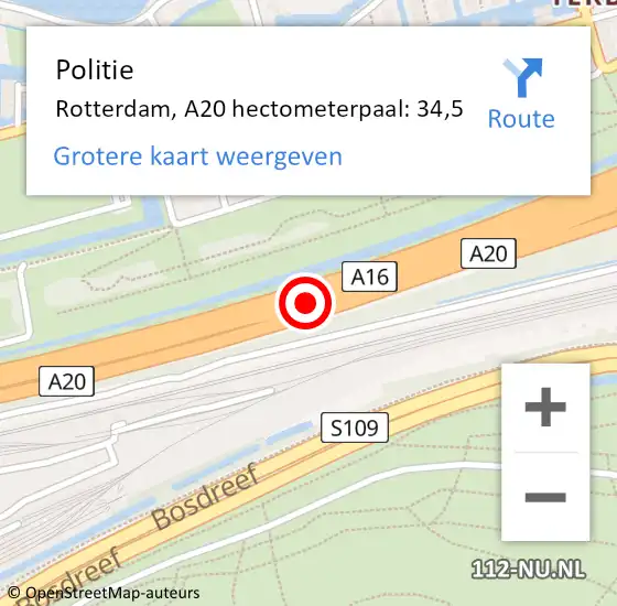 Locatie op kaart van de 112 melding: Politie Rotterdam, A20 hectometerpaal: 34,5 op 19 september 2023 18:31