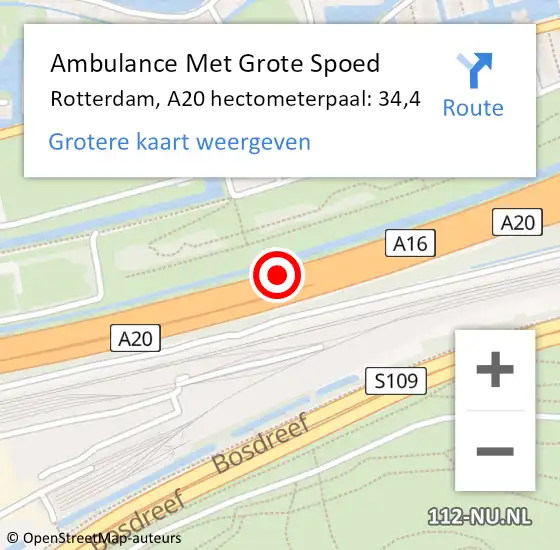 Locatie op kaart van de 112 melding: Ambulance Met Grote Spoed Naar Rotterdam, A20 hectometerpaal: 34,4 op 19 september 2023 18:33