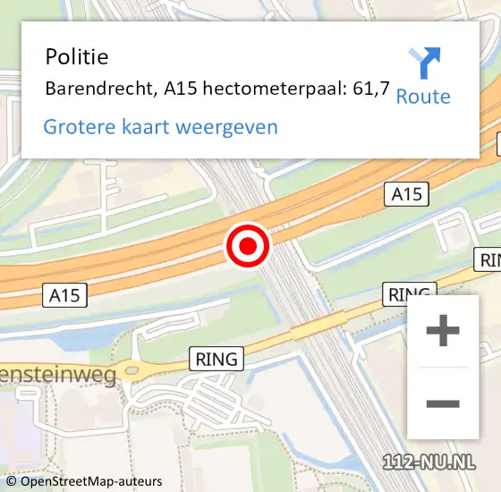 Locatie op kaart van de 112 melding: Politie Barendrecht, A15 hectometerpaal: 61,7 op 19 september 2023 19:52