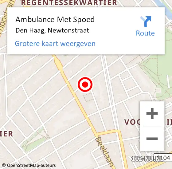 Locatie op kaart van de 112 melding: Ambulance Met Spoed Naar Den Haag, Newtonstraat op 19 september 2023 23:40