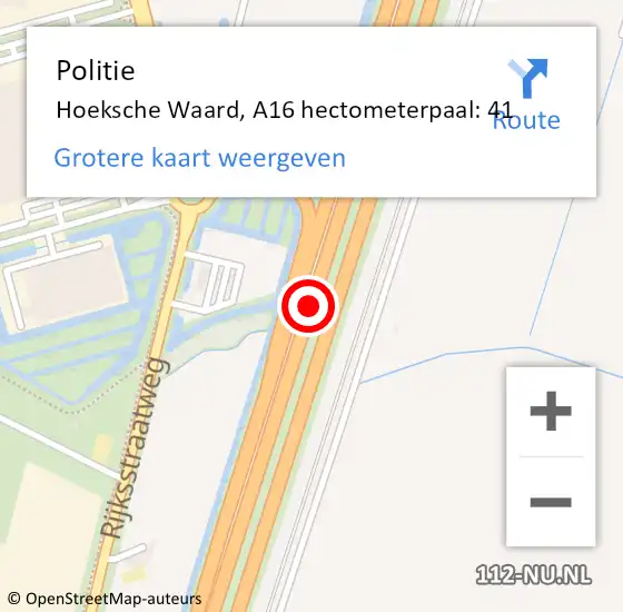 Locatie op kaart van de 112 melding: Politie Hoeksche Waard, A16 hectometerpaal: 41 op 20 september 2023 11:33