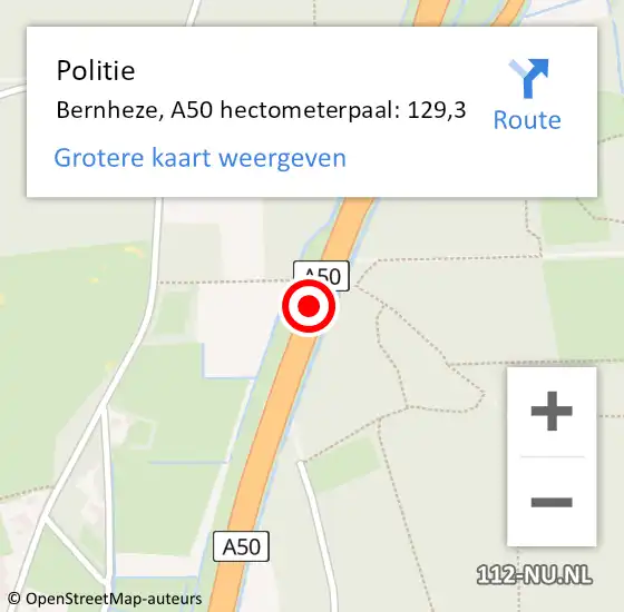 Locatie op kaart van de 112 melding: Politie Bernheze, A50 hectometerpaal: 129,3 op 20 september 2023 11:34