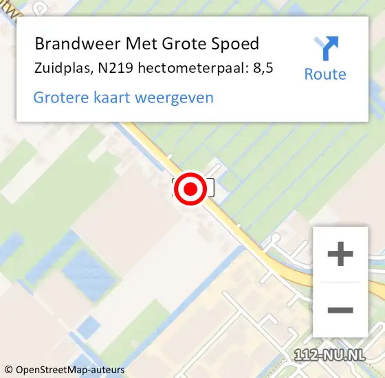 Locatie op kaart van de 112 melding: Brandweer Met Grote Spoed Naar Zuidplas, N219 hectometerpaal: 8,5 op 20 september 2023 12:27