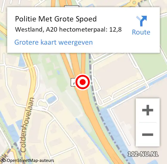 Locatie op kaart van de 112 melding: Politie Met Grote Spoed Naar Westland, A20 hectometerpaal: 12,8 op 20 september 2023 12:43