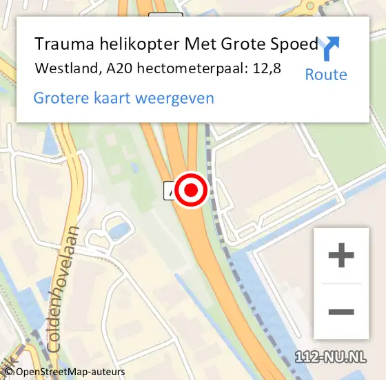 Locatie op kaart van de 112 melding: Trauma helikopter Met Grote Spoed Naar Westland, A20 hectometerpaal: 12,8 op 20 september 2023 12:45