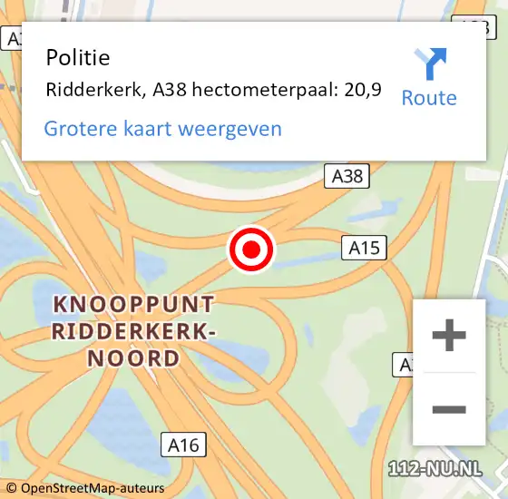 Locatie op kaart van de 112 melding: Politie Ridderkerk, A38 hectometerpaal: 20,9 op 20 september 2023 12:55