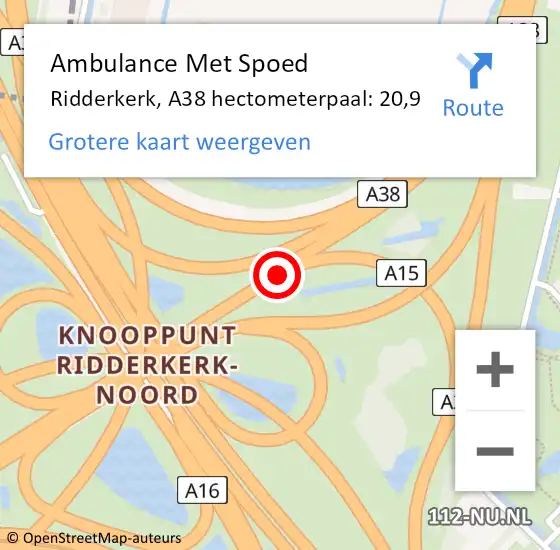 Locatie op kaart van de 112 melding: Ambulance Met Spoed Naar Ridderkerk, A38 hectometerpaal: 20,9 op 20 september 2023 12:56