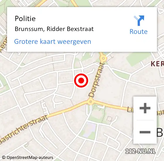 Locatie op kaart van de 112 melding: Politie Brunssum, Ridder Bexstraat op 20 september 2023 13:45