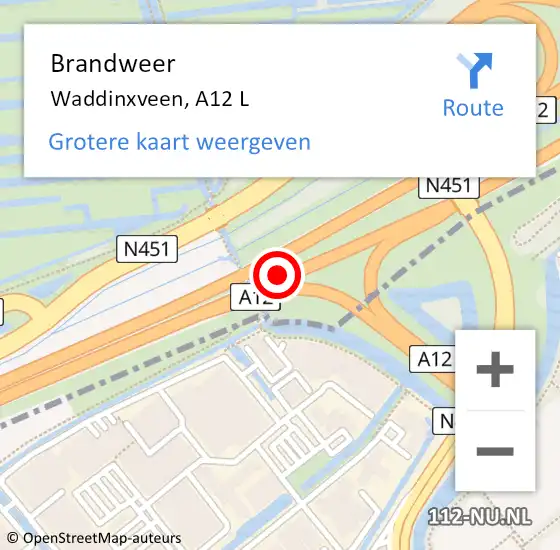 Locatie op kaart van de 112 melding: Brandweer Waddinxveen, A12 L op 8 september 2014 19:50