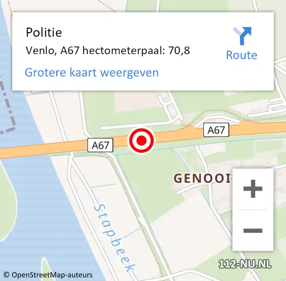 Locatie op kaart van de 112 melding: Politie Venlo, A67 hectometerpaal: 70,8 op 20 september 2023 17:23