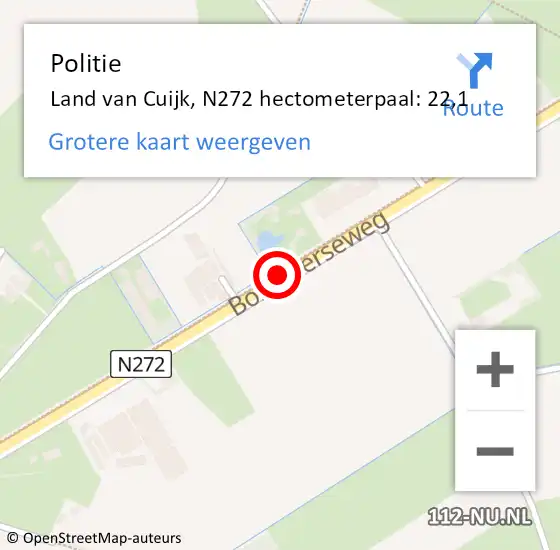 Locatie op kaart van de 112 melding: Politie Land van Cuijk, N272 hectometerpaal: 22,1 op 20 september 2023 17:42