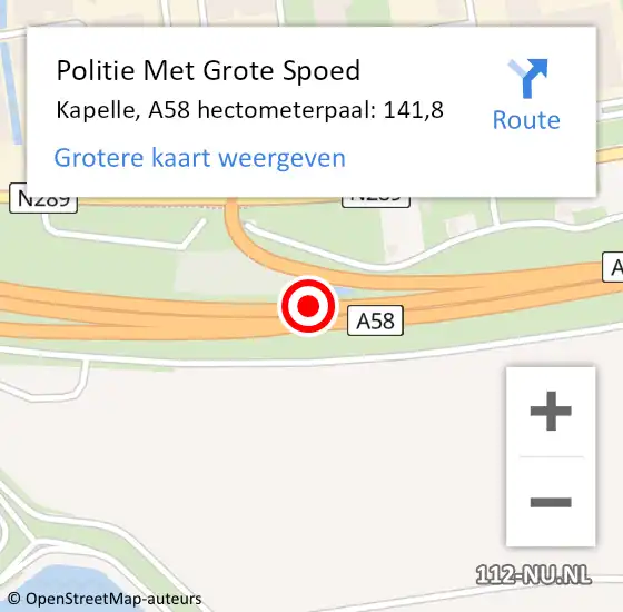 Locatie op kaart van de 112 melding: Politie Met Grote Spoed Naar Kapelle, A58 hectometerpaal: 141,8 op 20 september 2023 20:52