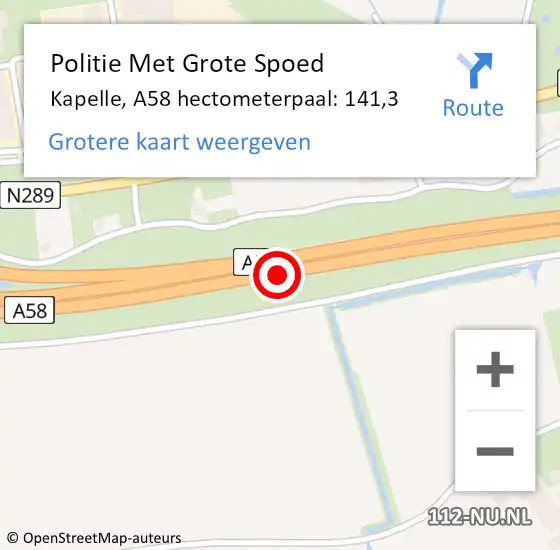 Locatie op kaart van de 112 melding: Politie Met Grote Spoed Naar Kapelle, A58 hectometerpaal: 141,3 op 20 september 2023 20:55