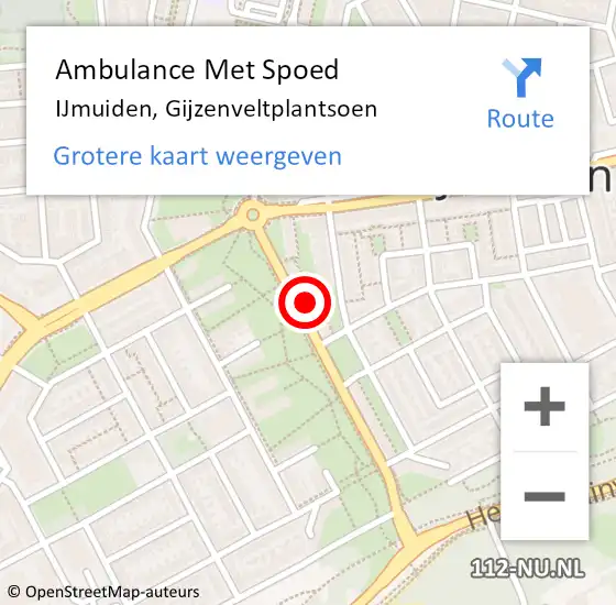 Locatie op kaart van de 112 melding: Ambulance Met Spoed Naar IJmuiden, Gijzenveltplantsoen op 20 september 2023 21:22