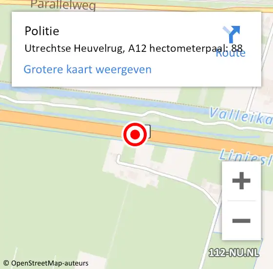 Locatie op kaart van de 112 melding: Politie Utrechtse Heuvelrug, A12 hectometerpaal: 88 op 21 september 2023 03:40